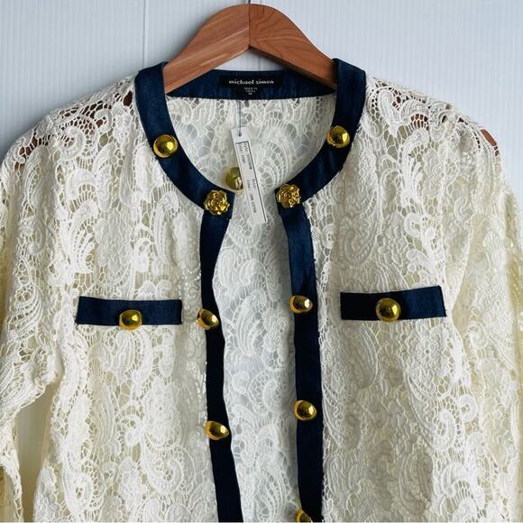 🆕 Michael Simon crocheted button jacket with denim trim NWT cardigan size med - Picture 7 of 15